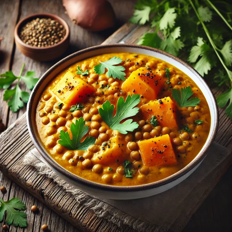 Lencse curry édesburgonyával tálalva