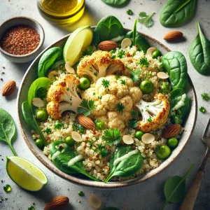 Tápláló quinoa tál lime-mal és sült karfiollal