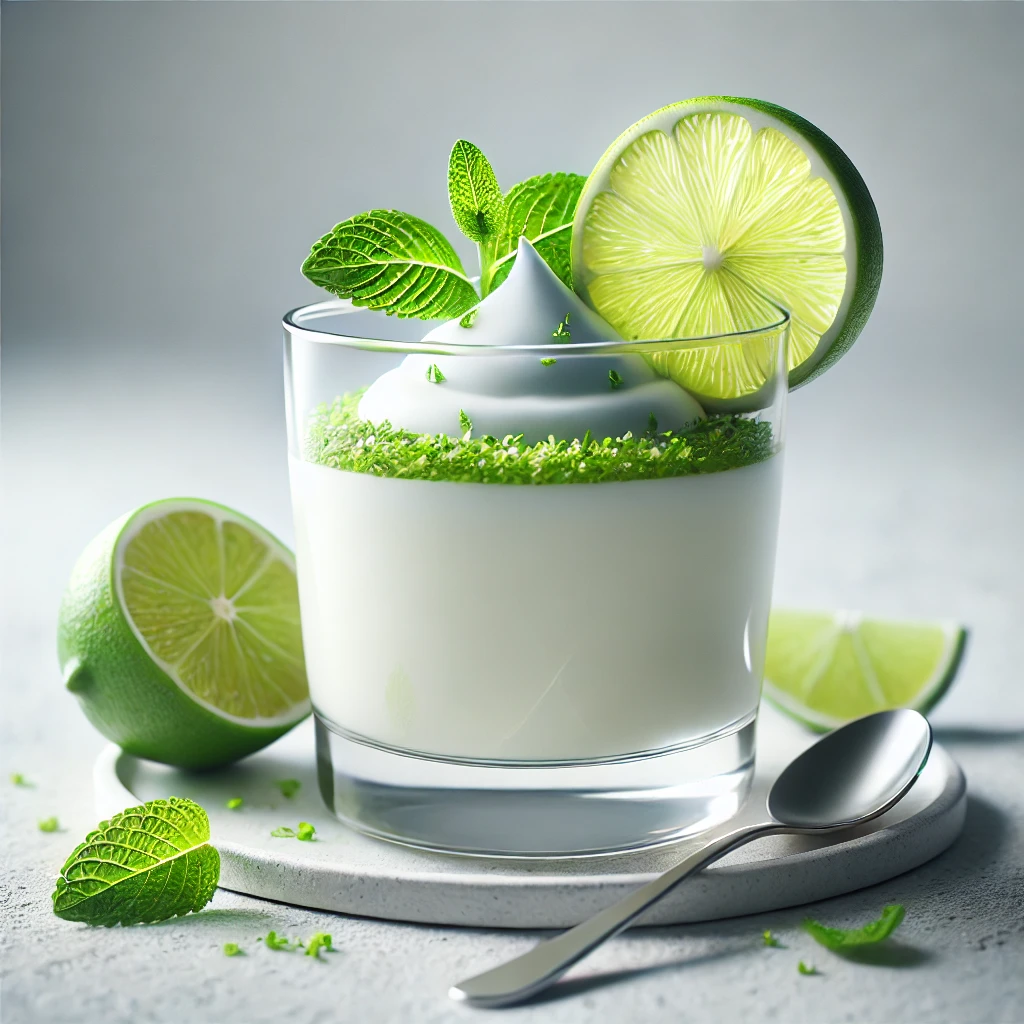 Krémes panna cotta lime-mal és mentalevéllel díszítve