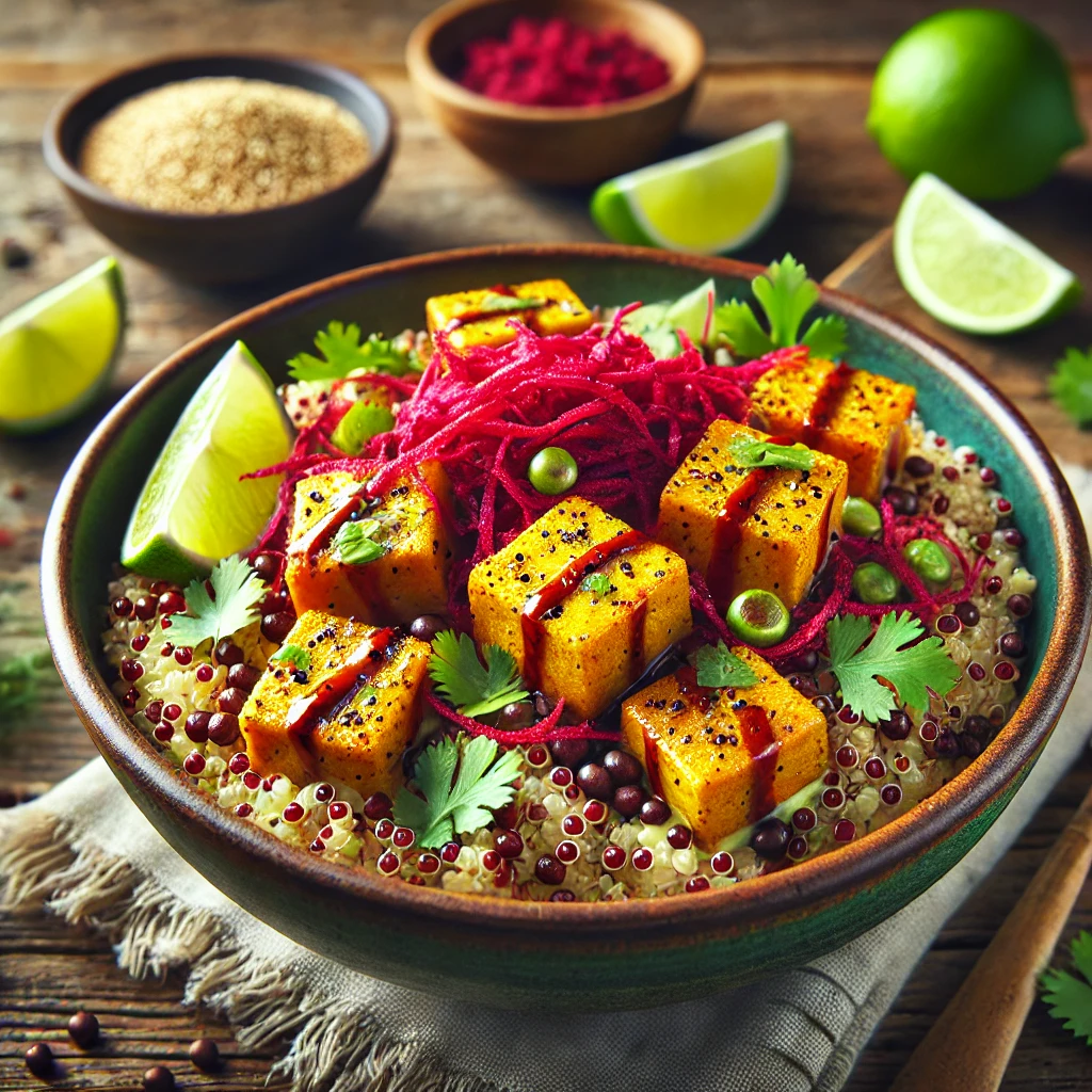 Tápláló quinoa curry céklás és lime ízesítésű tofuval