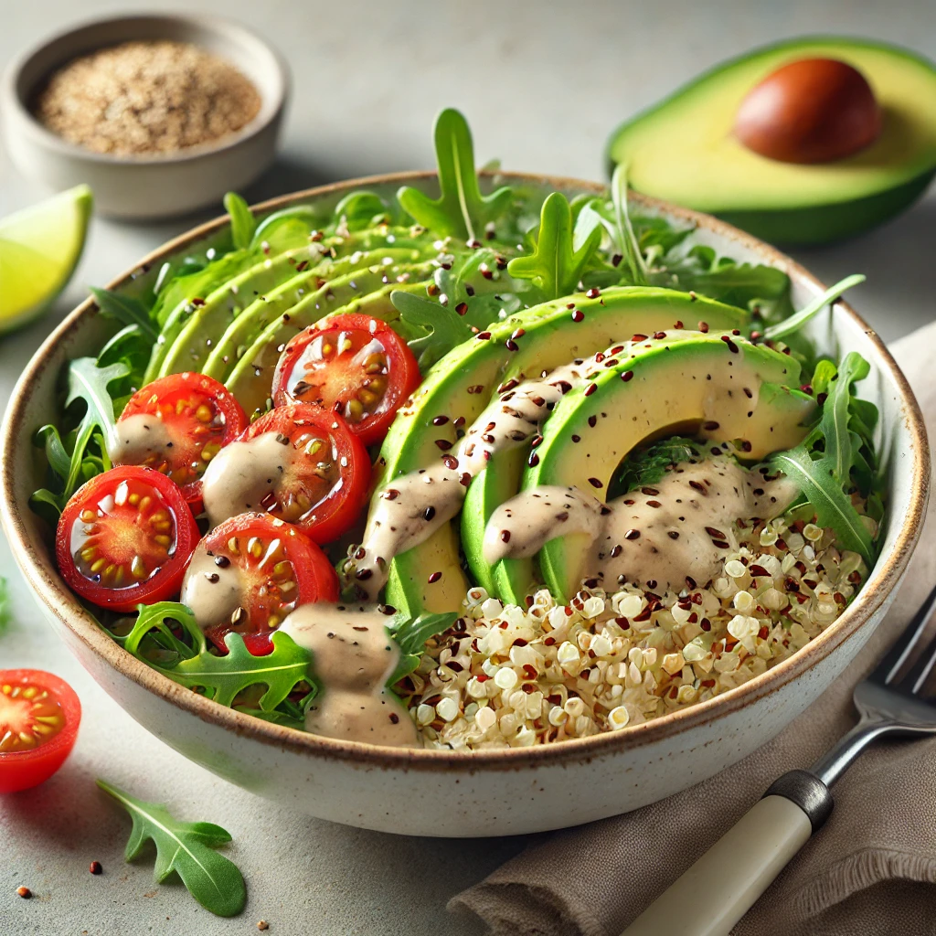 Tápláló quinoa tál lime-mal, tahinivel és friss zöldségekkel