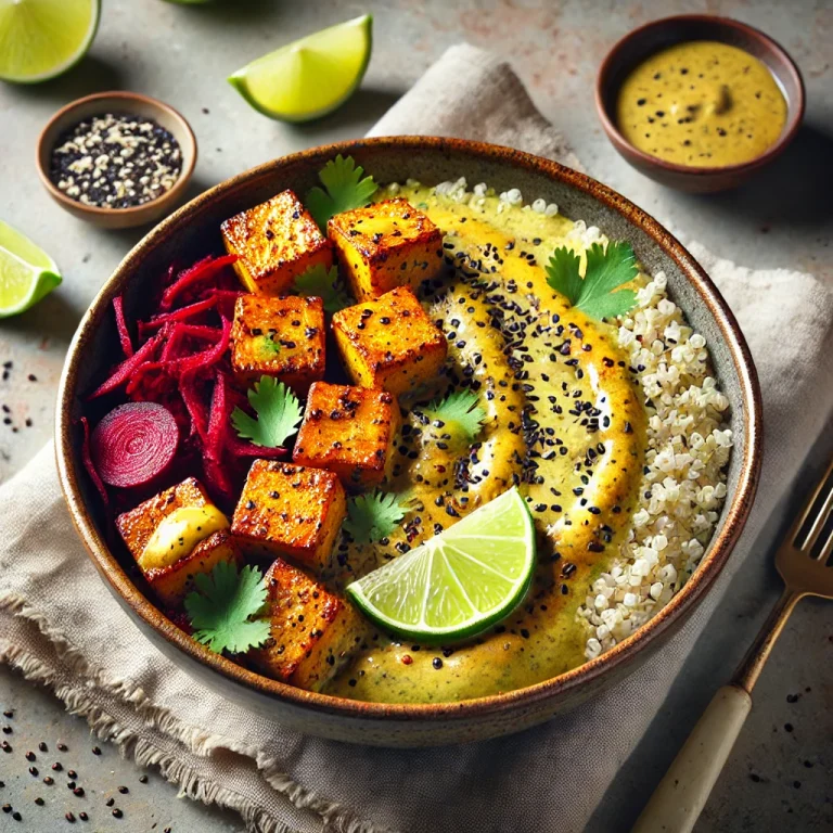 Lime-os quinoa curry tahinivel céklás tofuval tálalva