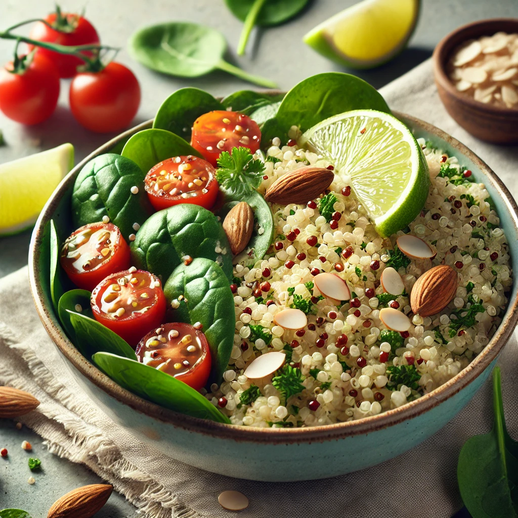 Tápláló quinoa saláta spenóttal, lime-mal és pirított mandulával