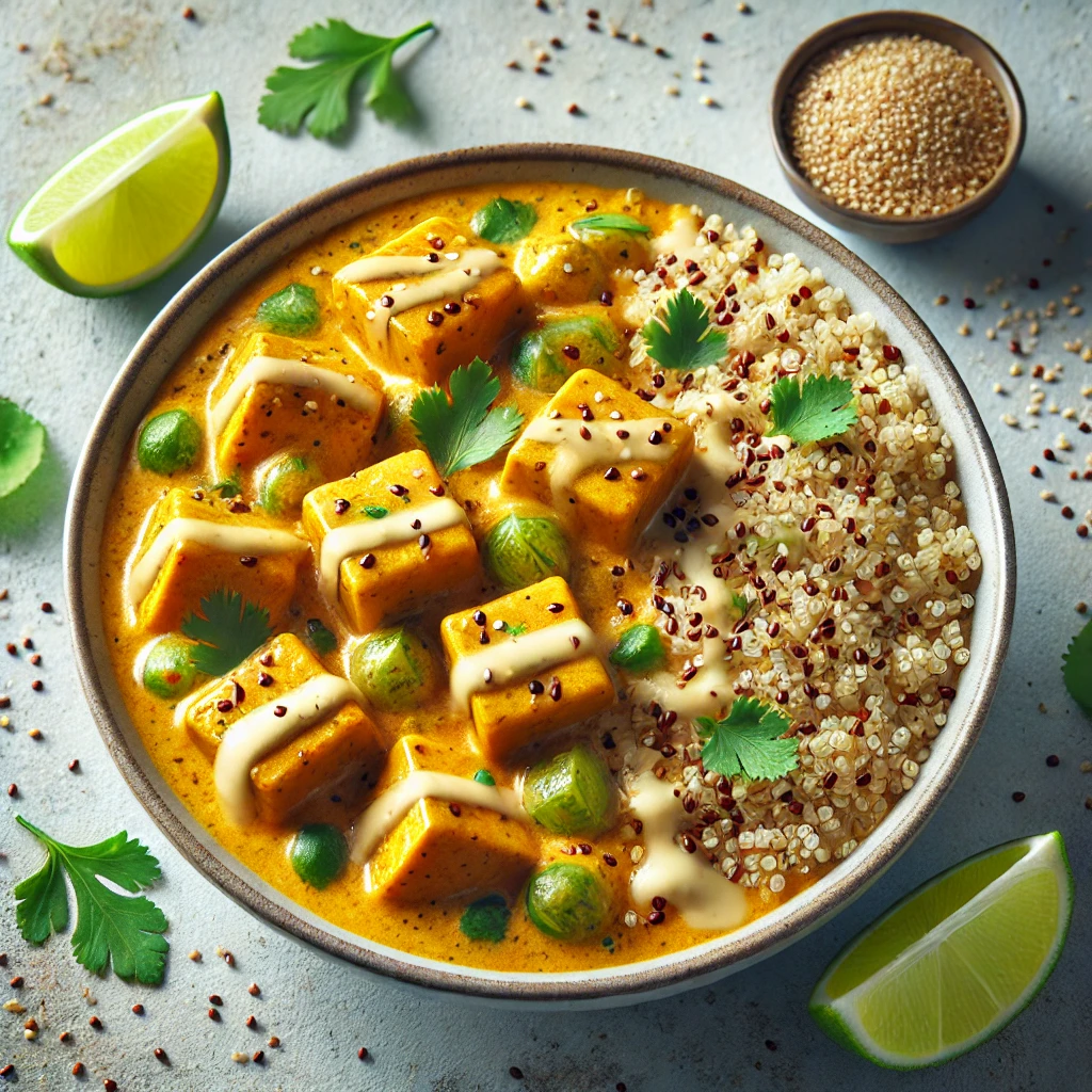 Tápláló quinoa lime-os sült tofuval és currys kókusztejes szószban
