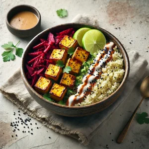 Színes és ízletes vegán Buddha-tál lime tofuval, quinoával és currys céklás tahinivel