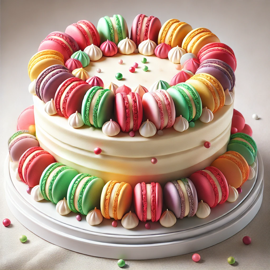 Látványos és elegáns macaronnal díszített torta