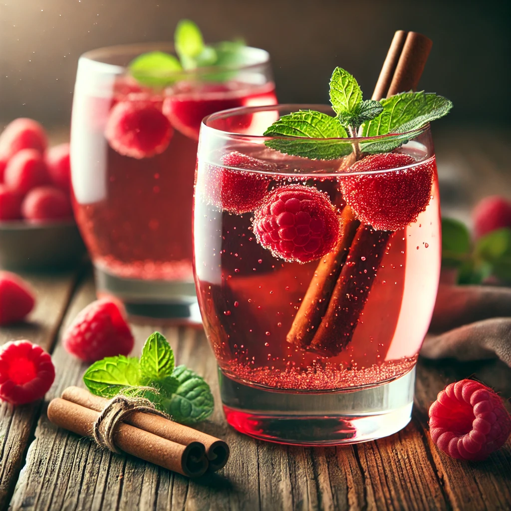 Frissítő cider málna- és menta díszítéssel