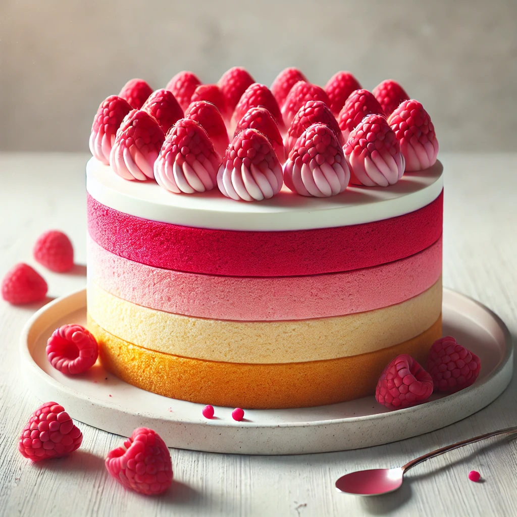Színes, gyümölcsös torta elegáns tálalásban