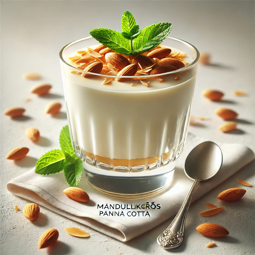 Krémes panna cotta mandulalikőrrel, pirított mandulával díszítve