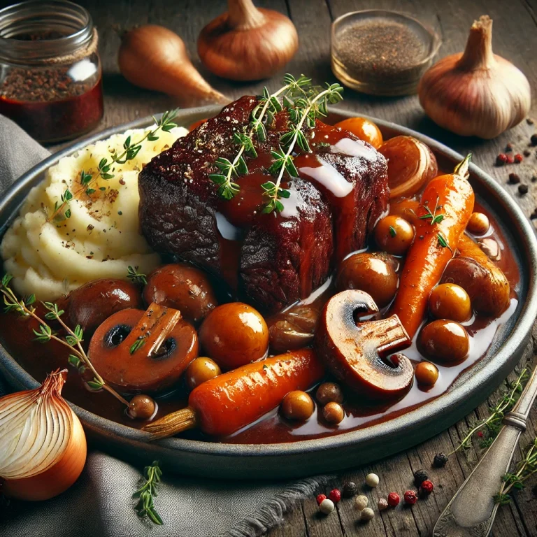 Marha Bourguignon, vörösboros marhapörkölt párolt zöldségekkel tálalva