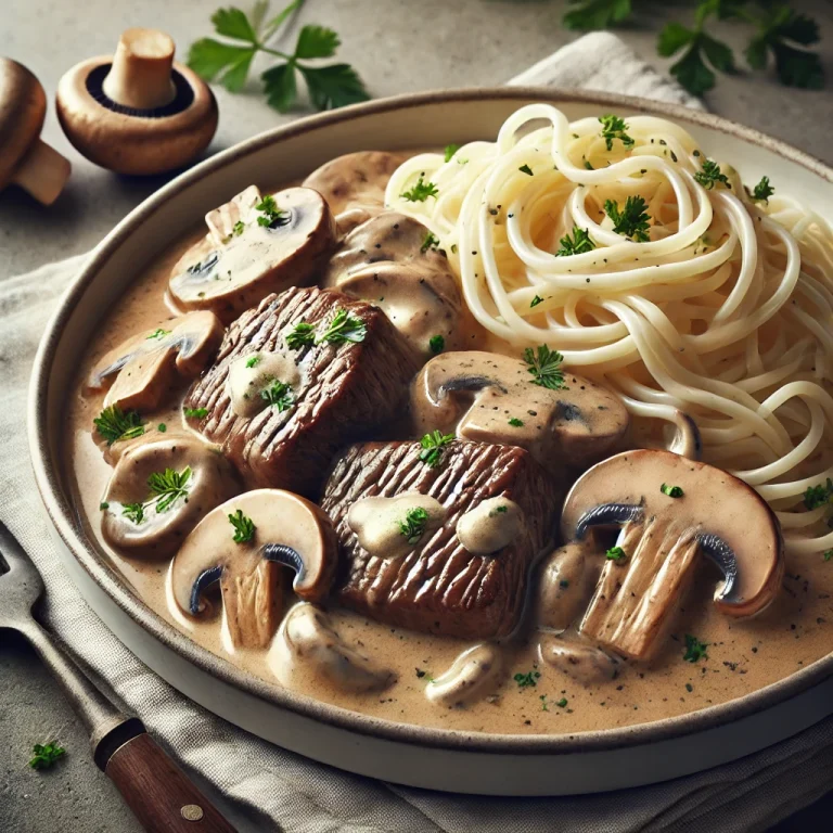 Marha stroganoff rizstésztával tálalva