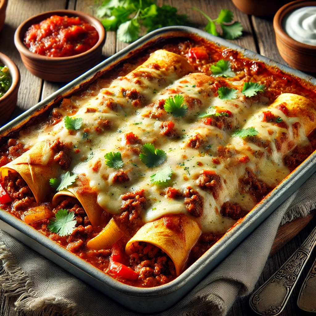 Ízletes és fűszeres marhahúsos enchilada olvadt sajttal