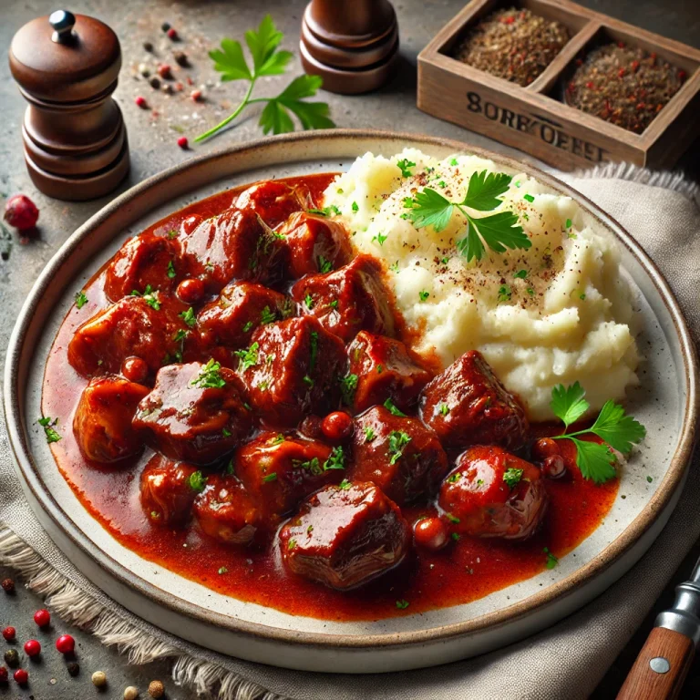 Marhapörkölt burgonyapürével tálalva