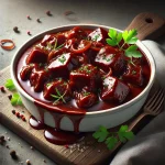 Marhapörkölt vörösborral tálalva