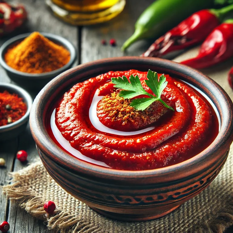 Harissa szósz tálalva grillezett zöldségekkel