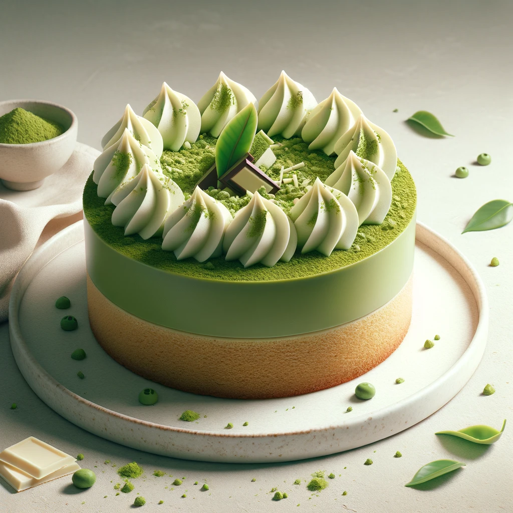 Krémes matcha mousse torta fehér csokoládéval díszítve