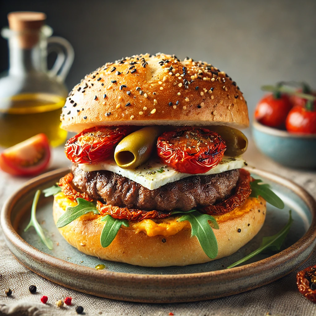 EgÃ©szsÃ©ges burger rukkolÃ¡val, fetÃ¡val Ã©s szÃ¡rÃ­tott paradicsommal