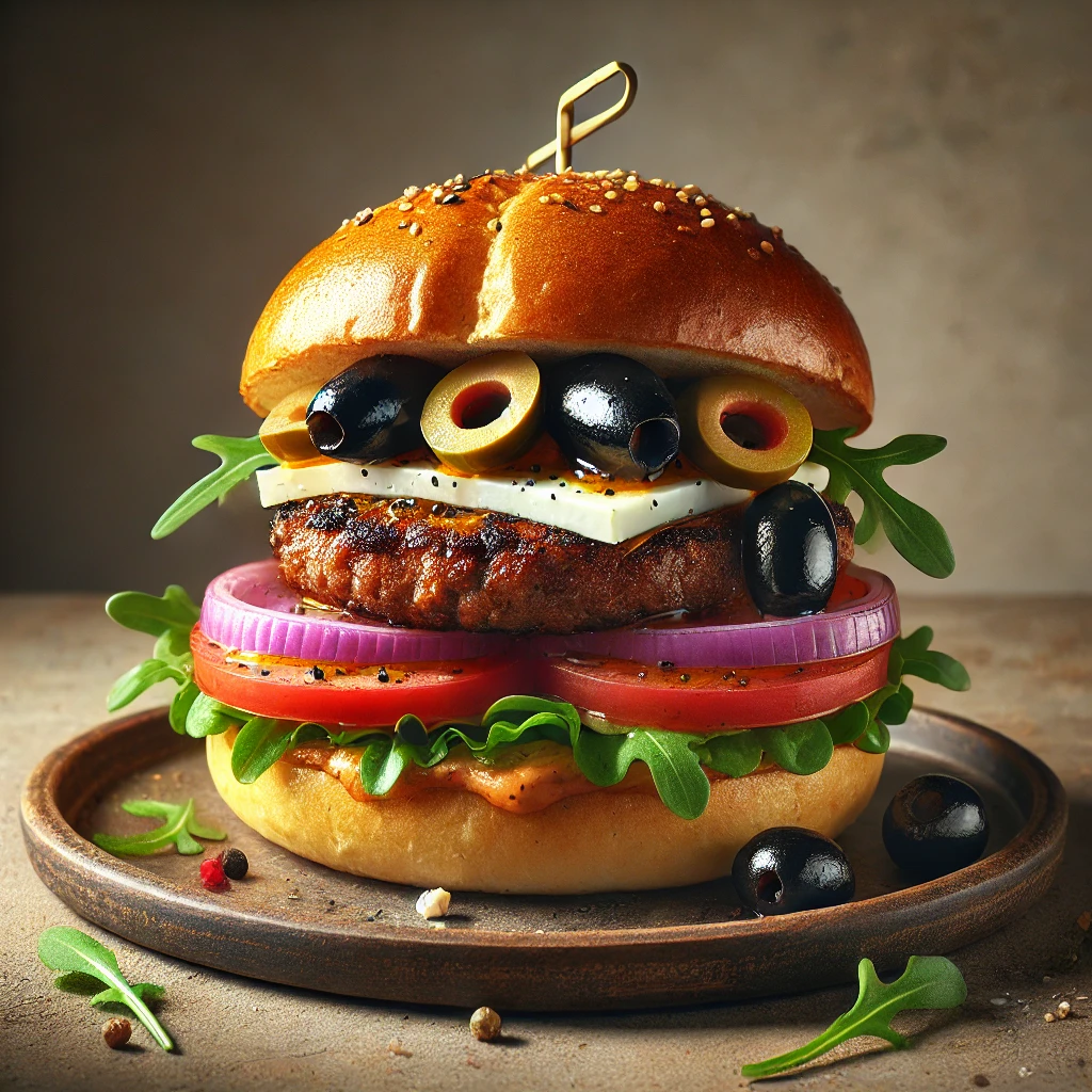 Egzotikus burger feta sajttal Ã©s fekete olÃ­vabogyÃ³val
