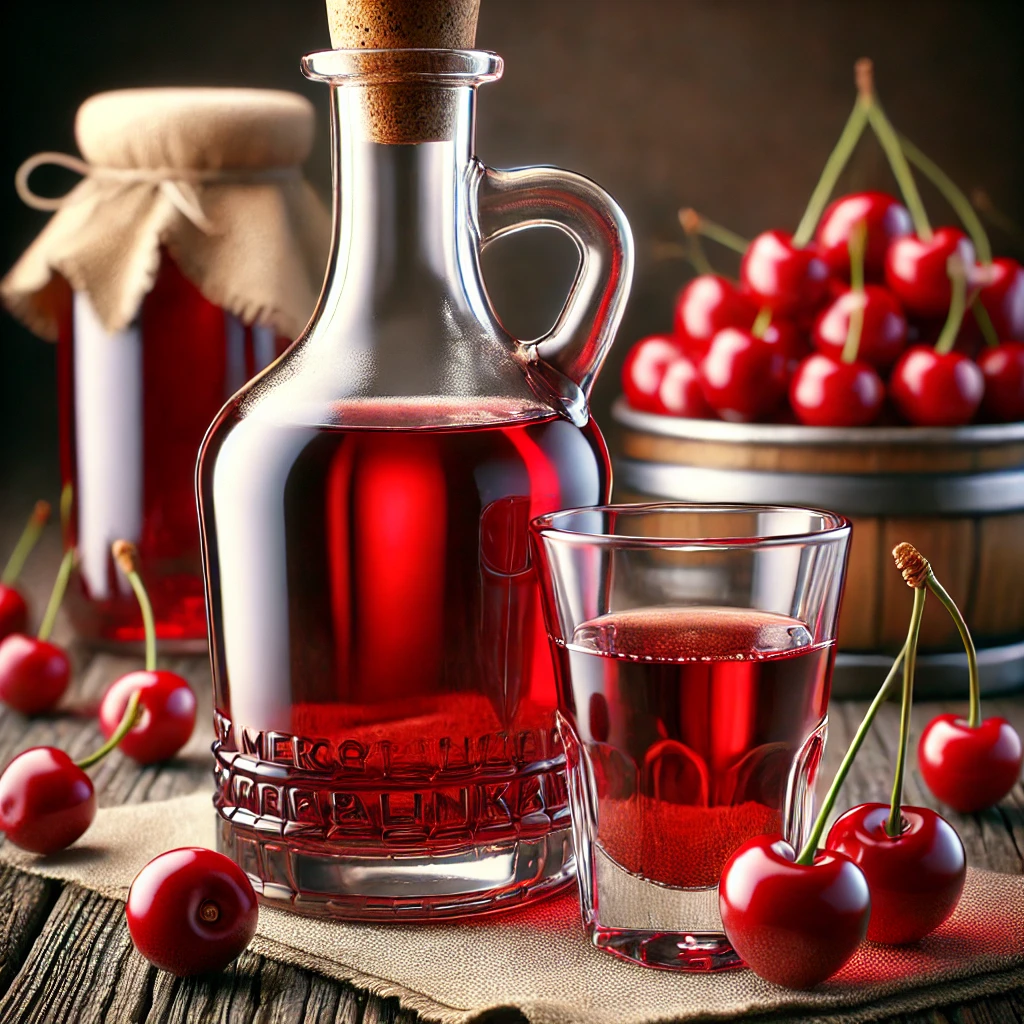 Aromás és gazdag házi meggypálinka üvegben tálalva