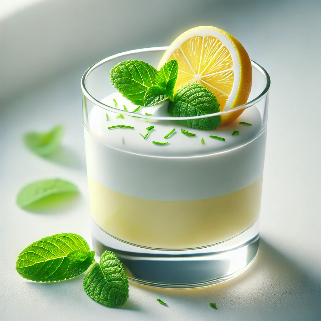 Krémes panna cotta mentával és citrommal díszítve