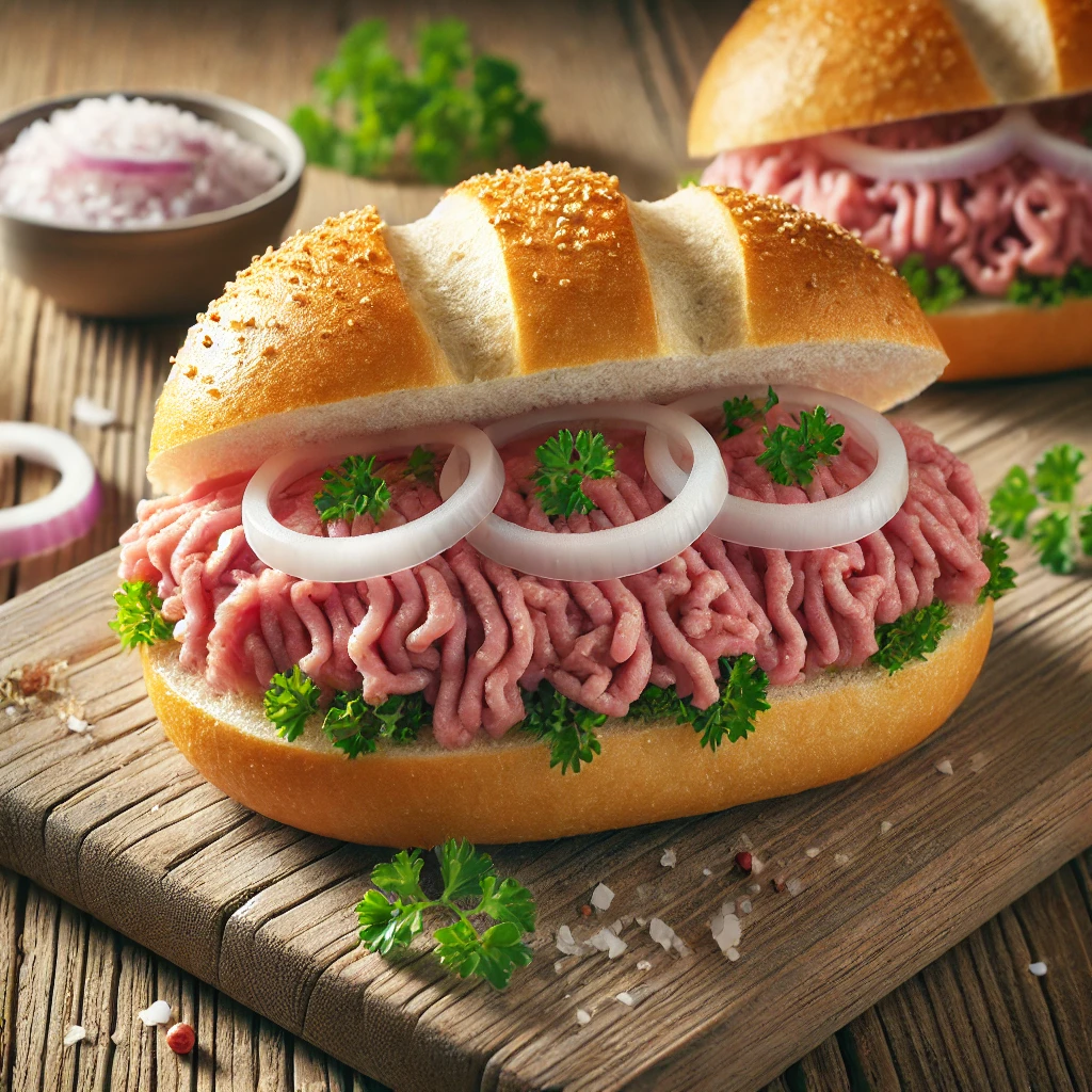 Hagyományos német Mettbrötchen friss zsemlével