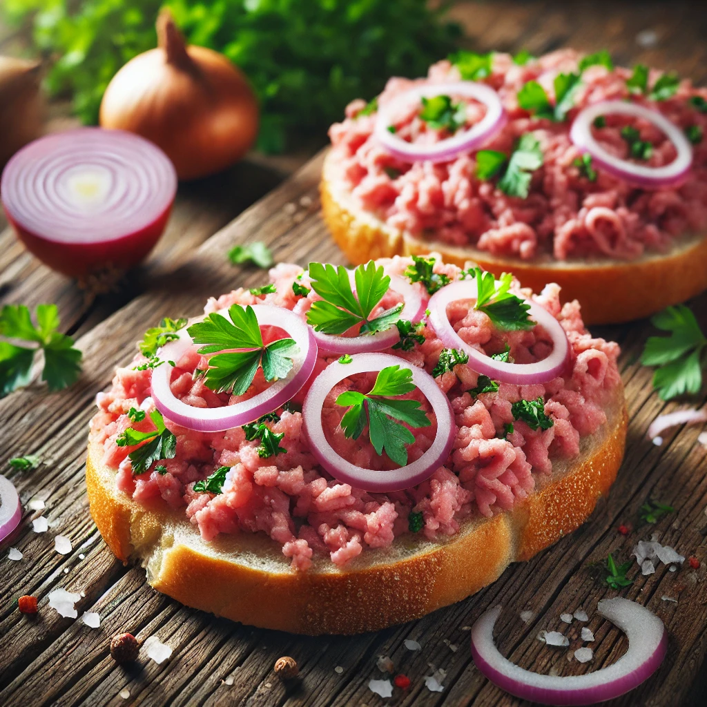 Német nyers húsos szendvics friss zsemlével és hagymával