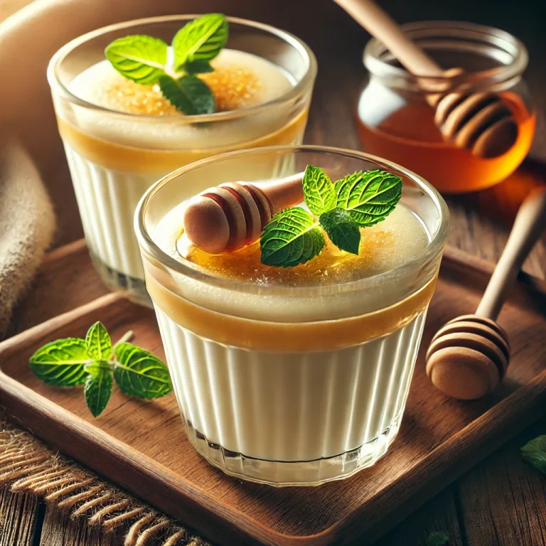 Mézes vaníliapuding poharakban, mentával díszítve