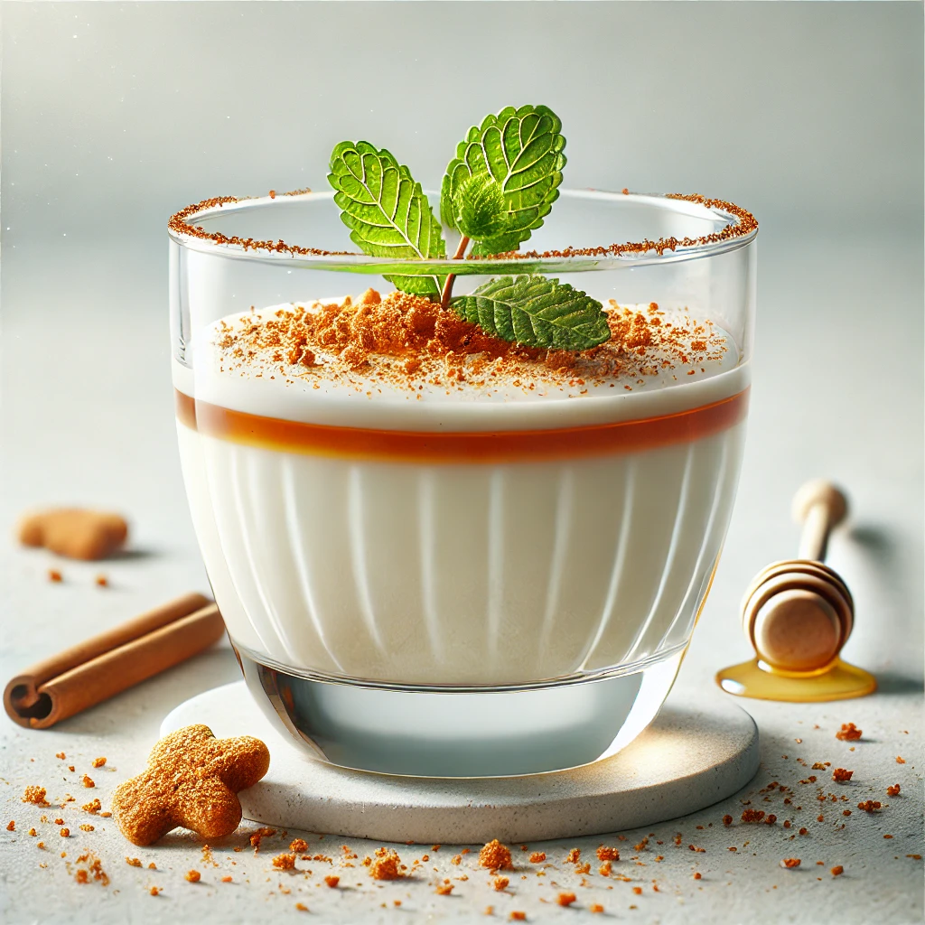 Krémes panna cotta mézeskalács fűszerekkel és mézzel díszítve