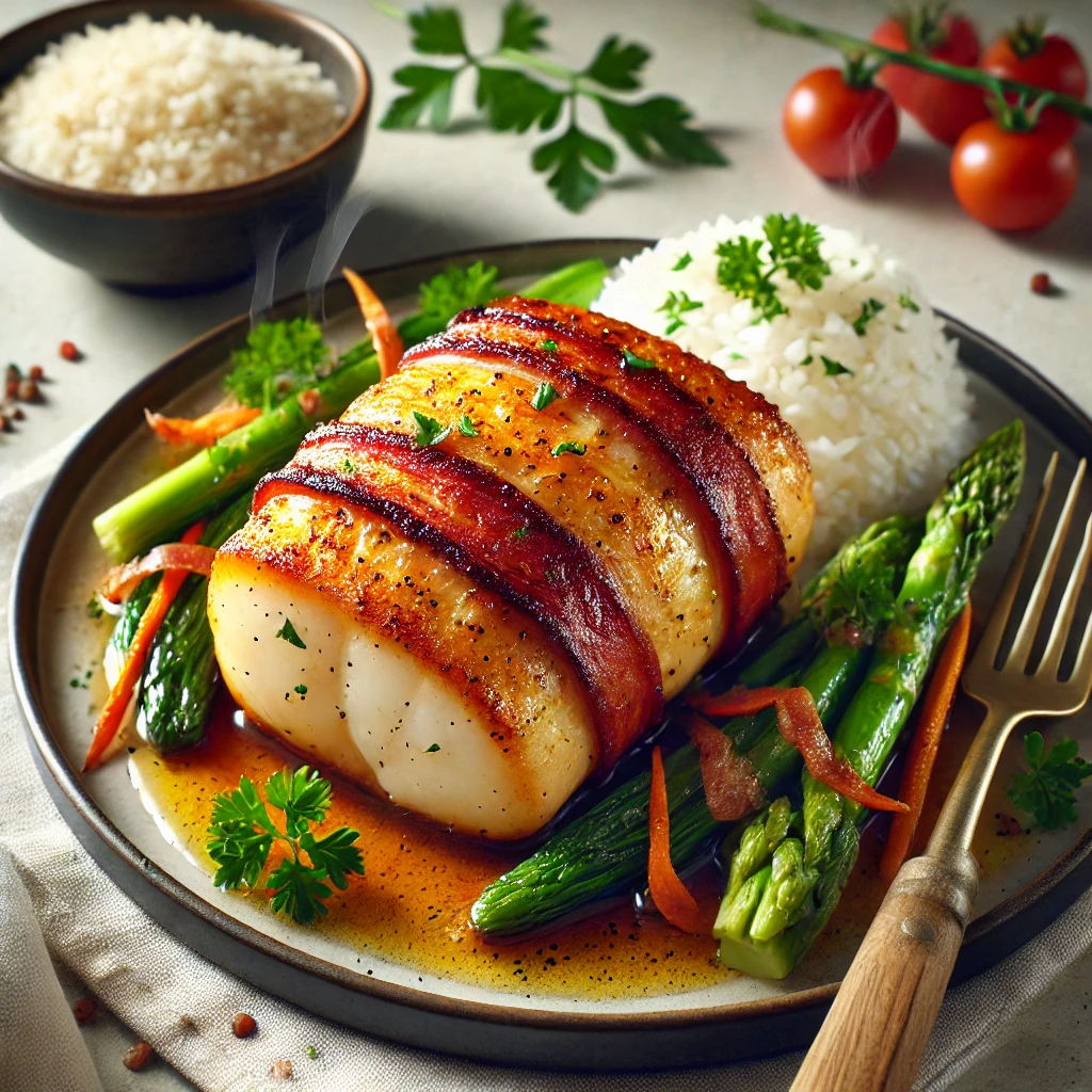 Tőkehal miso pácban ropogós bacon borítással