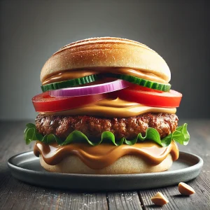 Különleges burger földimogyoróvajjal és friss zöldségekkel