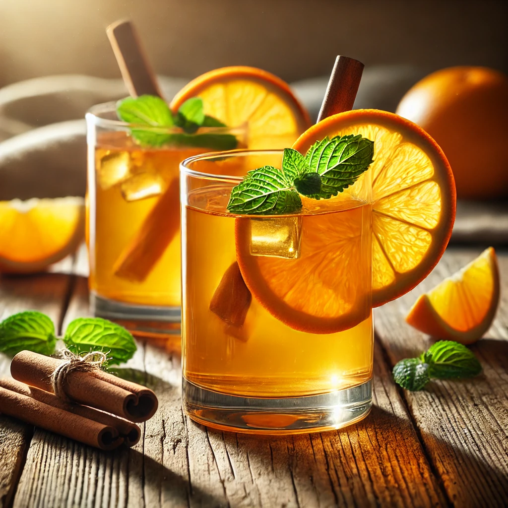Gyümölcsös cider friss narancsszeletekkel és fűszerekkel