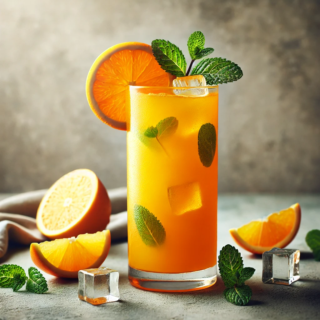 Frissítő és gyümölcsös narancsos limonádé jégkockákkal és díszítéssel
