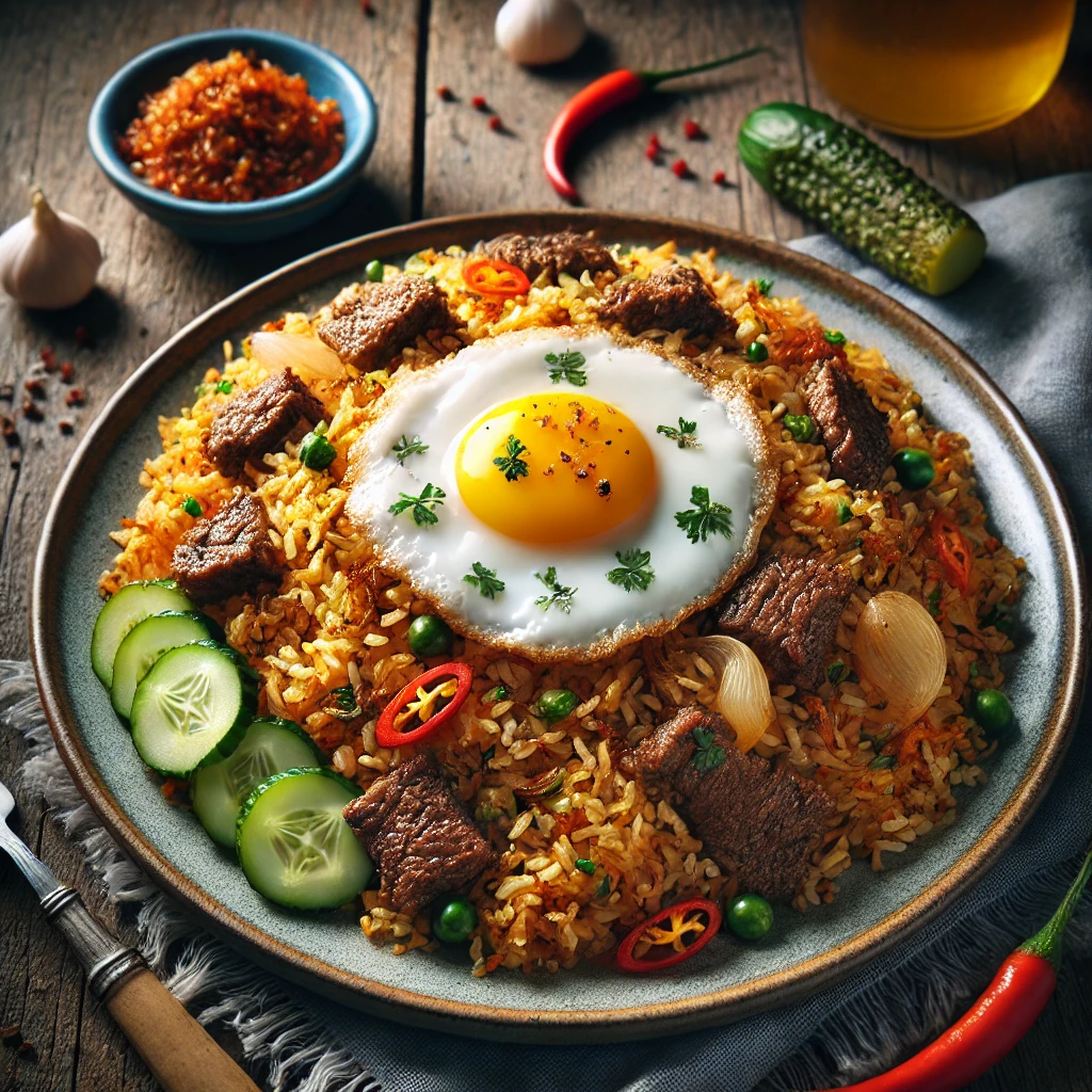 Indonéz nasi goreng pirított rizzsel és marhahússal