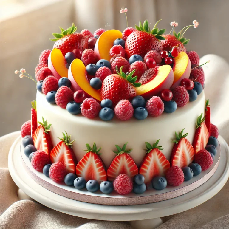 Nyári gyümölcsös torta friss gyümölcsökkel díszítve