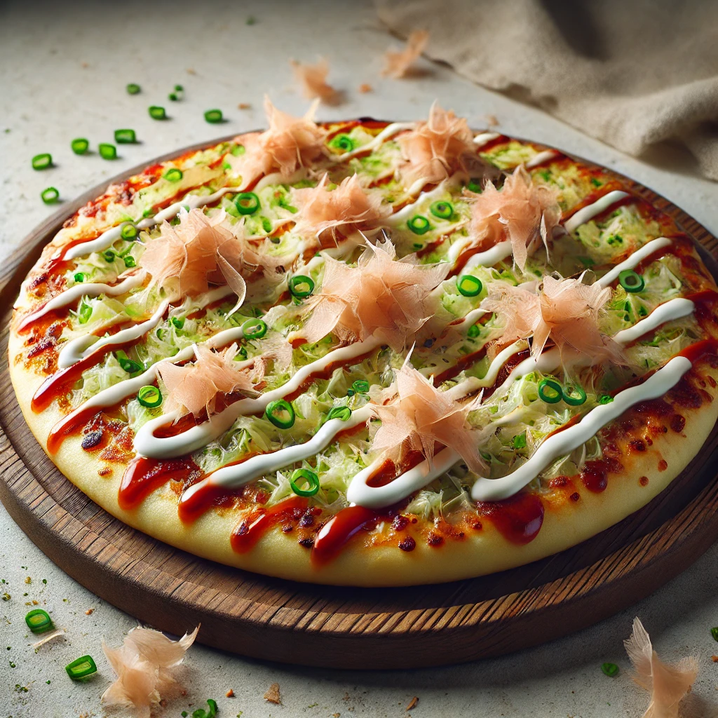 Japán ihletésű pizza káposztával és okonomiyaki szósszal