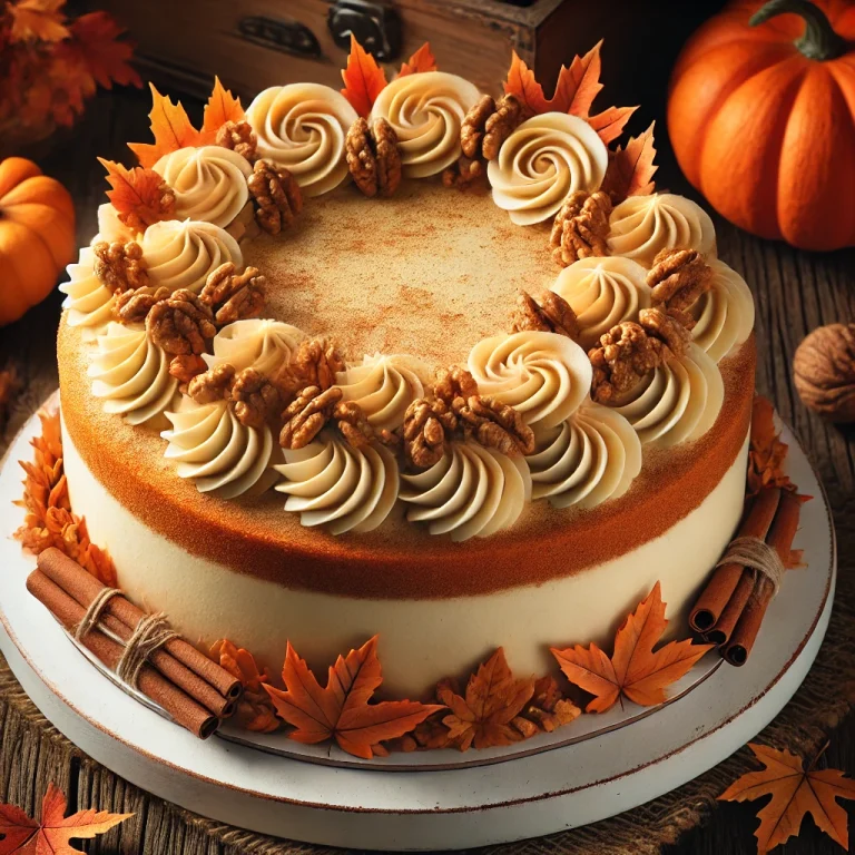 Őszi sütőtökös torta pörkölt dióval díszítve