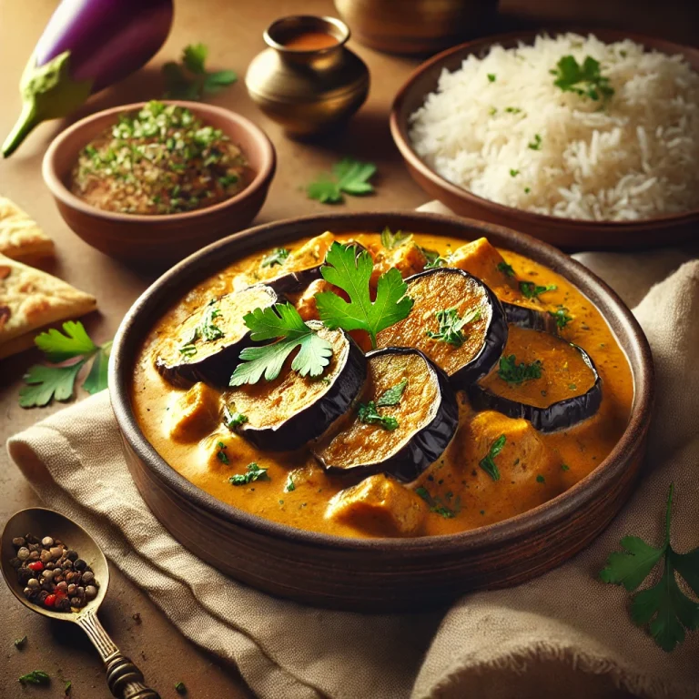 Padlizsán curry fűszeresen, kókusztejjel tálalva