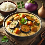 Padlizsán curry édesburgonyával tálalva