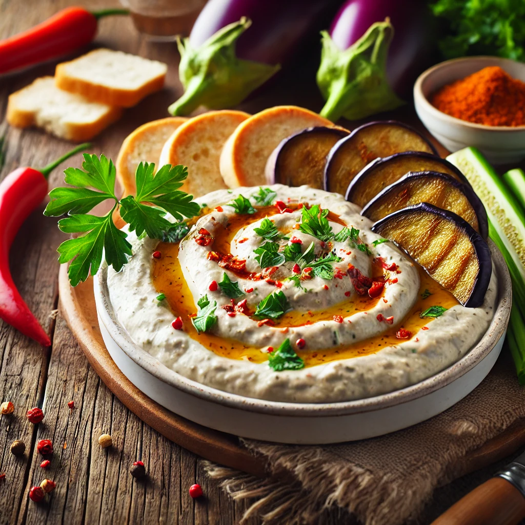 Könnyű és tápláló padlizsánkrém tahini öntettel és friss petrezselyemmel