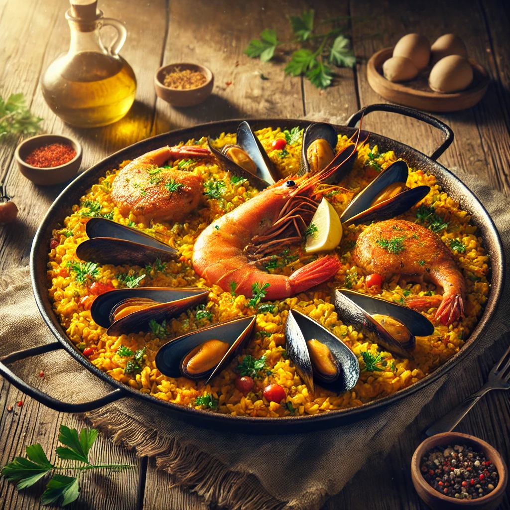 Autentikus spanyol paella csirkével és tengeri herkentyűkkel