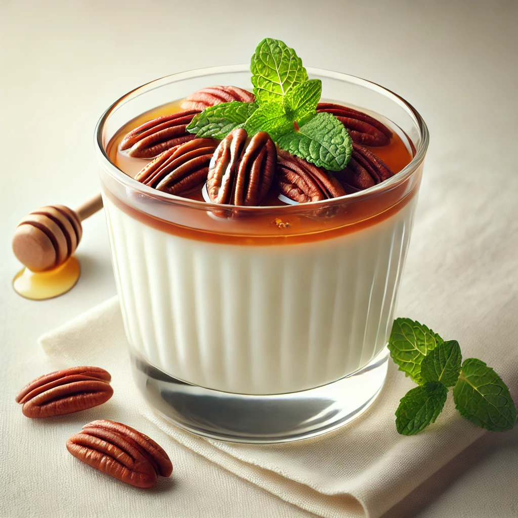 Krémes panna cotta pekándióval és mézzel díszítve