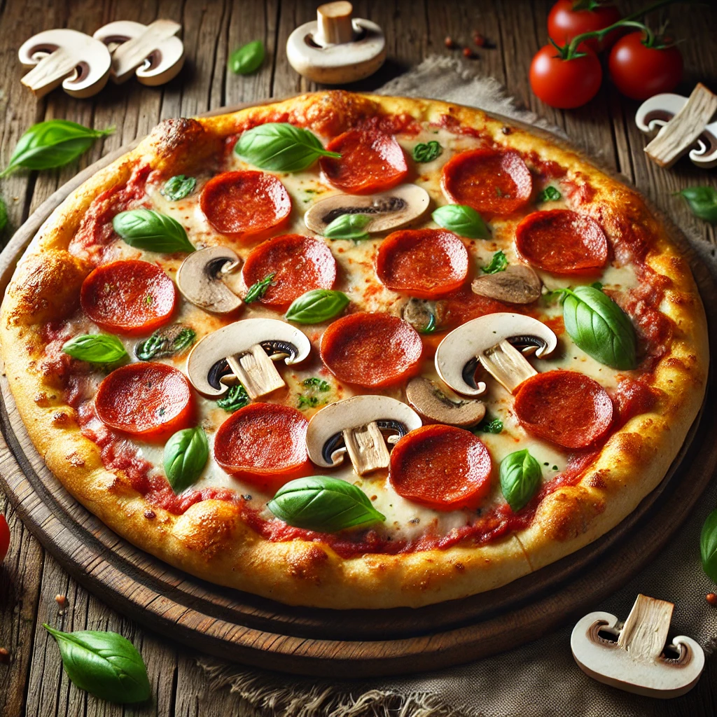 Ropogós Pepperoni pizza friss gombával és mozzarellával