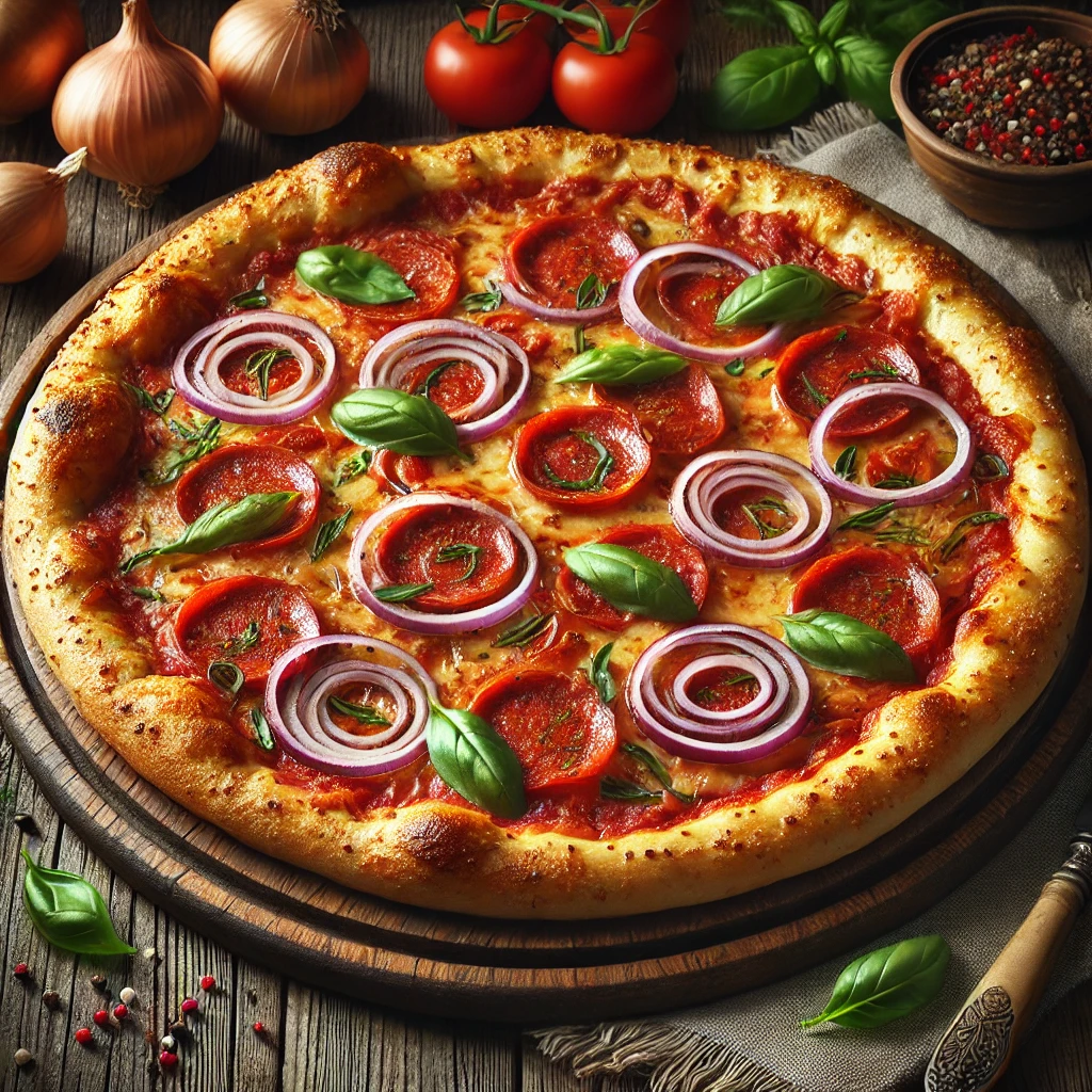 Ropogós Pepperoni pizza karamellizált hagymával és friss bazsalikommal