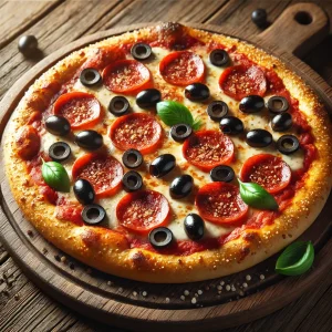 Mediterrán Pepperoni pizza fekete olívabogyóval és ropogós tésztával