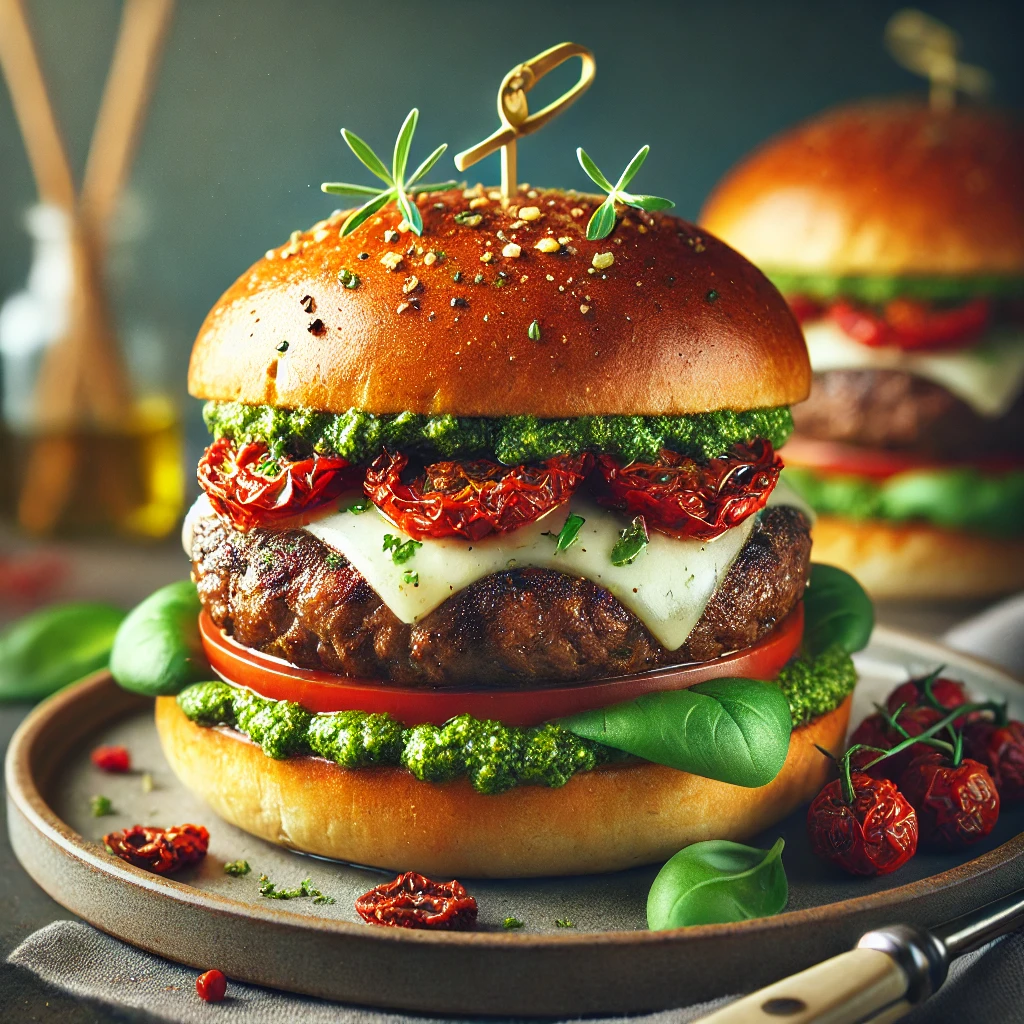 KÃ¼lÃ¶nleges burger bazsalikomos pesztÃ³val Ã©s szÃ¡rÃ­tott paradicsommal