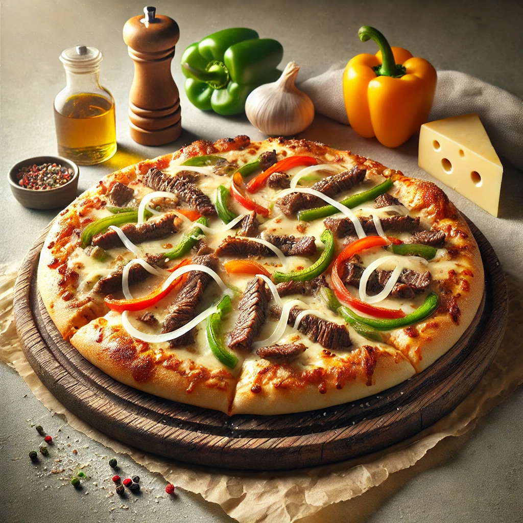 Philadelphia stílusú pizza steak szeletekkel és sajttal