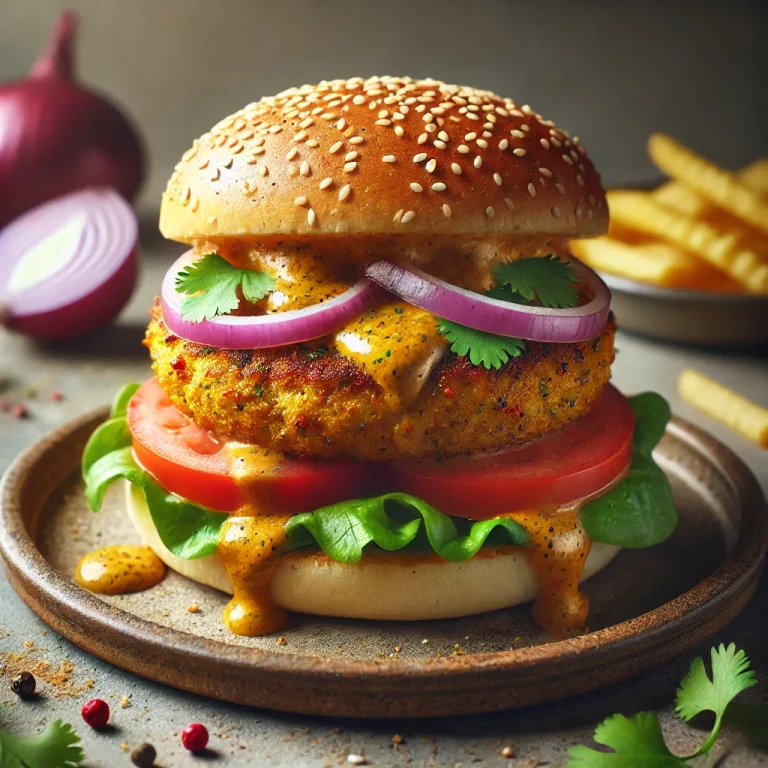 Pikáns curry burger tálalva