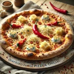 Pikáns Quattro Formaggi pizza chilivel tálalva