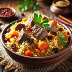 Pilaf bárányhússal tálalva