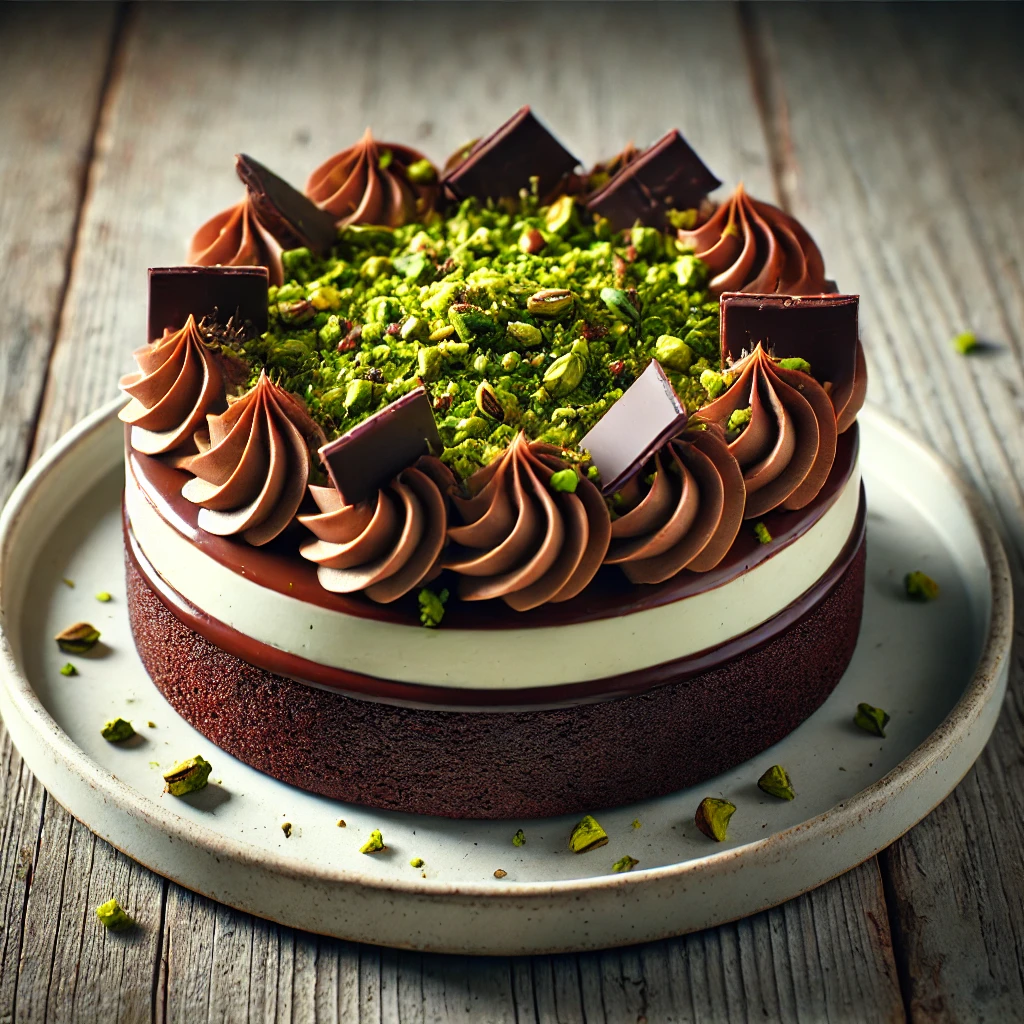 Gazdag csokoládétorta ropogós pisztáciával